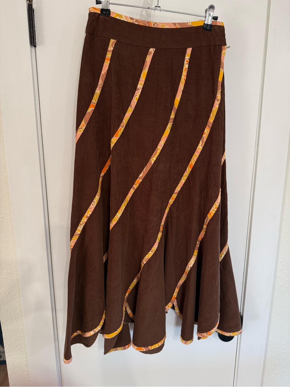 Marc Jacobs Brown Corduroy A-Line Skirt with Floral Trim Accents